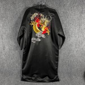 Vintage Japanese Dragon Embroidered Satin Kimono Robe Black Made in Japan One SZ